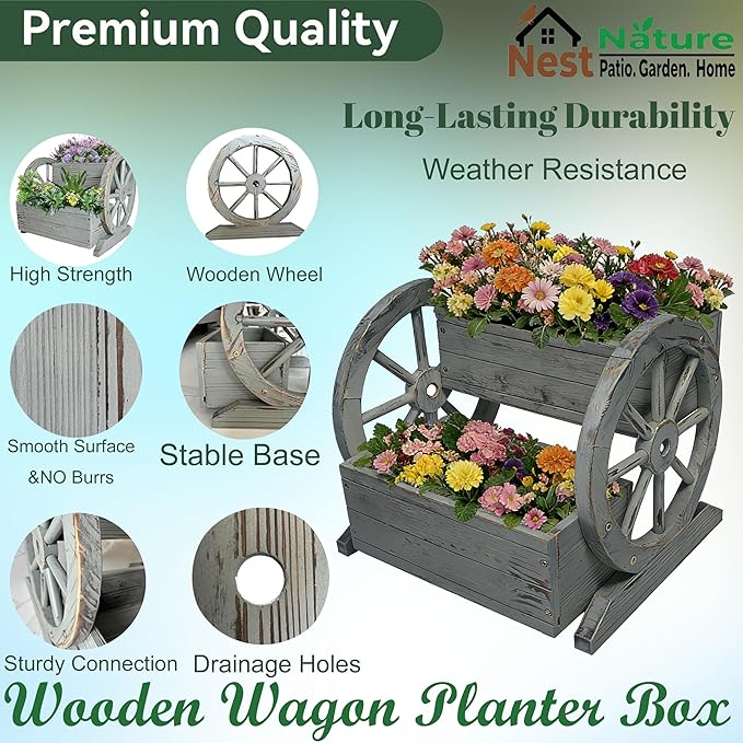 NestNature Wooden Wagon Planter Box, Raised Garden Bed, Decorative Garden - Image 6