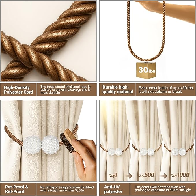 Hion Magnetic Curtain Tiebacks Dark Brown 2pcs, Curtain Tiebacks Buckles - Image 4
