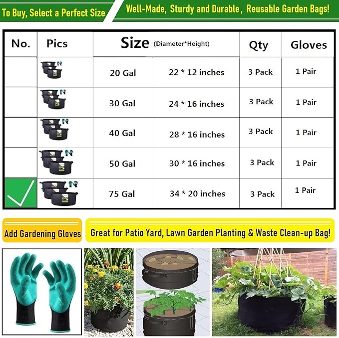 3-Pack 75 Gallon Thickened Plant Grow Bags Large Heavy Duty Garden Bag Fabric - Image 8