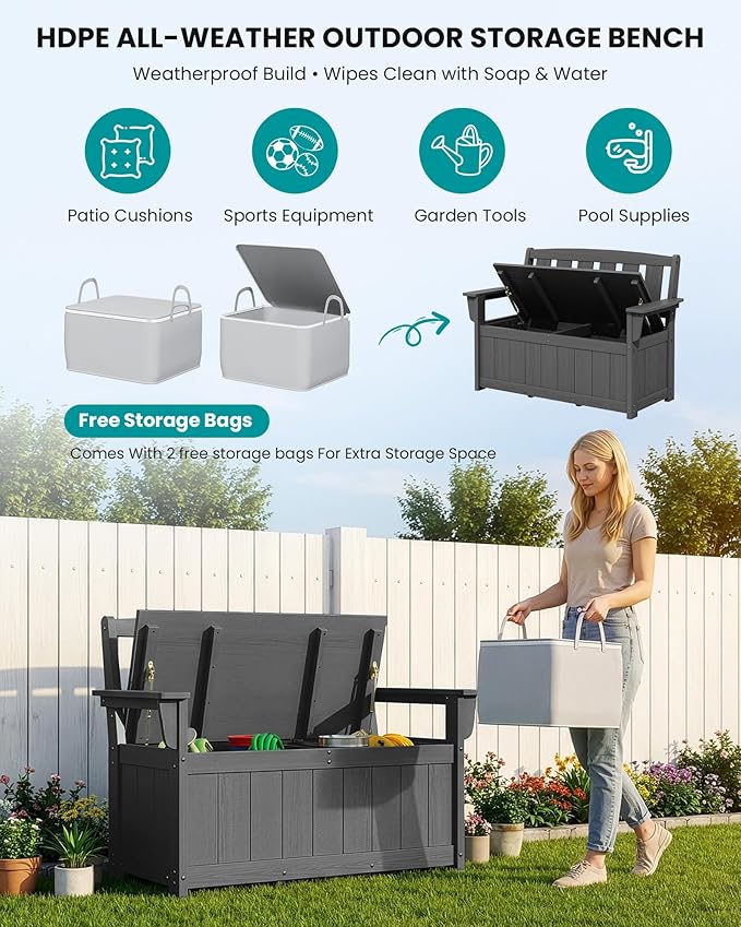 SERWALL HDPE Outdoor Storage Bench, All-Weather, UV-Resistant Deck Box - Image 5