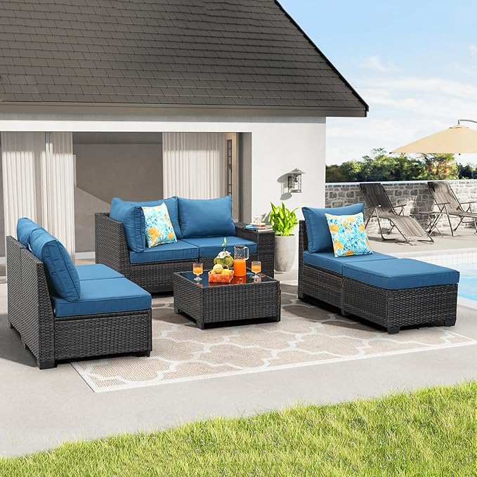 7 Pieces Patio Furniture Set All-Weather Outdoor Wicker Sectional Conversation - Image 7