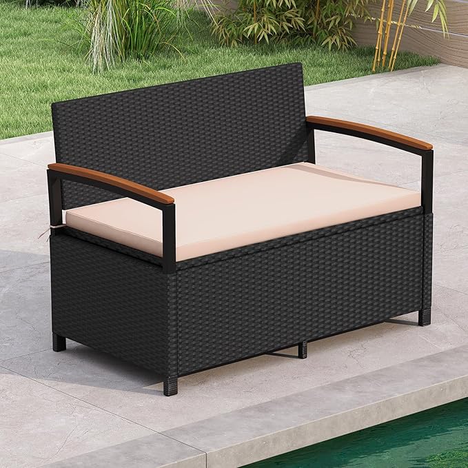 RELAX4LIFE Wicker Outdoor Storage Bench, Rattan Deck Box w/Protective Liner by RELAX4LIFE