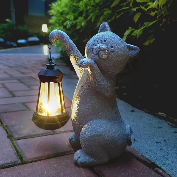 Cat Solar Garden Statues, Resin Cat Figurine Decorations by Qobumy