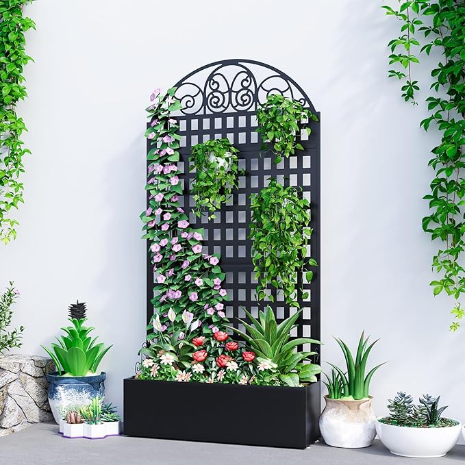 Metal Raised Garden Bed with Trellis, Freestanding Divider Fence with Drainage by XOCUWU