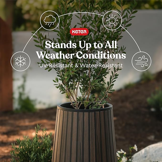 Keter Signature Conic 28.5 Inch Tall Round Large Wood Look Planter - Image 3