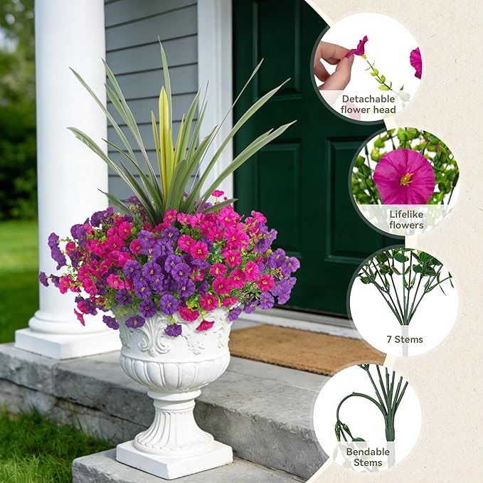 Artificial Flowers for Outdoors Fake Plants Outside, 12 Bundles Silk Morning - Image 3