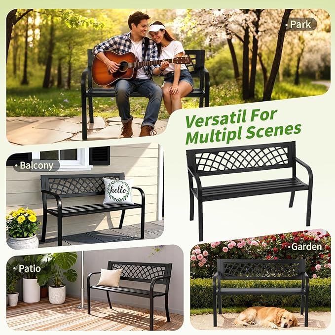 Garden Bench, Outdoor Benches, Iron Steel Frame Patio Bench - Image 7
