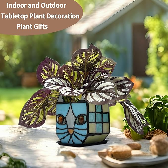 Stained Glass Blue Cat Planter, Plant pots - Image 5
