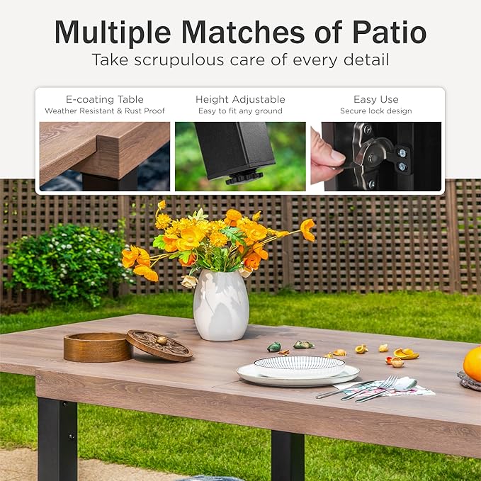 PHI VILLA Outdoor Metal Expandable Dining Table, Wood-Like Wrought Iron - Image 8