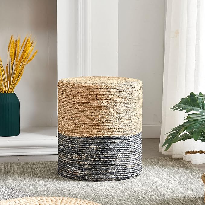 Wimarsbon Round Pouf Ottomans, Handwoven Natural Water Hyacinth Seagrass Pouffe - Image 5
