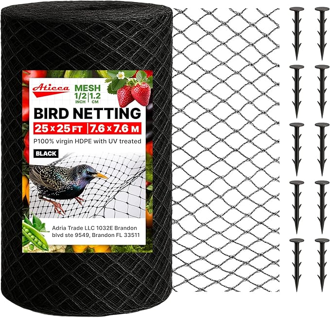 Heavy Duty Bird Netting for Garden Protection & Fruit Trees, 25x25 Ft by Aticca