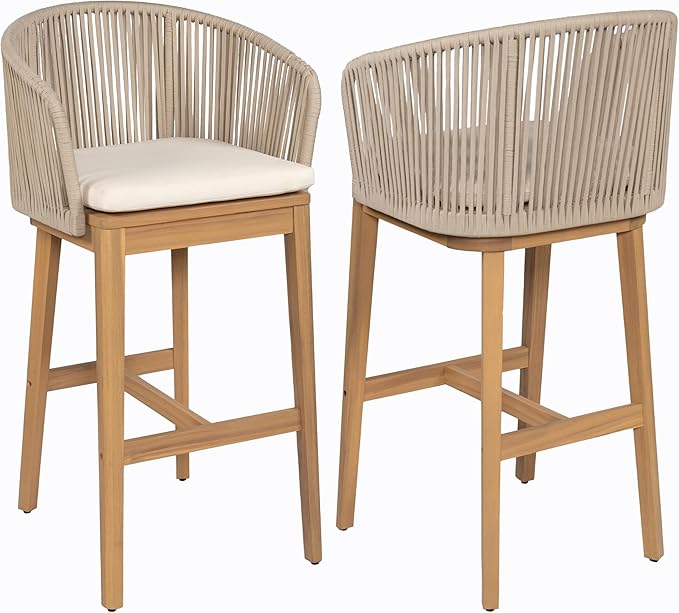 Christopher Knight Home Zax Set of 2 Patio Barstool, Acacia Wood & Rope Outdoor - Image 5