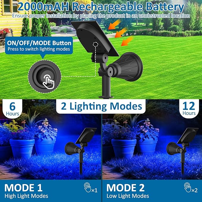 T-SUNUS Blue Solar Lights Outdoor Christmas, 2 Modes Garden Spotlights - Image 5