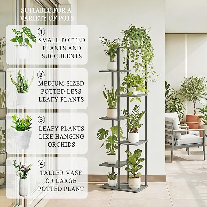 Plant Stand Indoor 7 Tier 8 Potted Metal Wood Plant Shelf, Oak Grey - Image 5