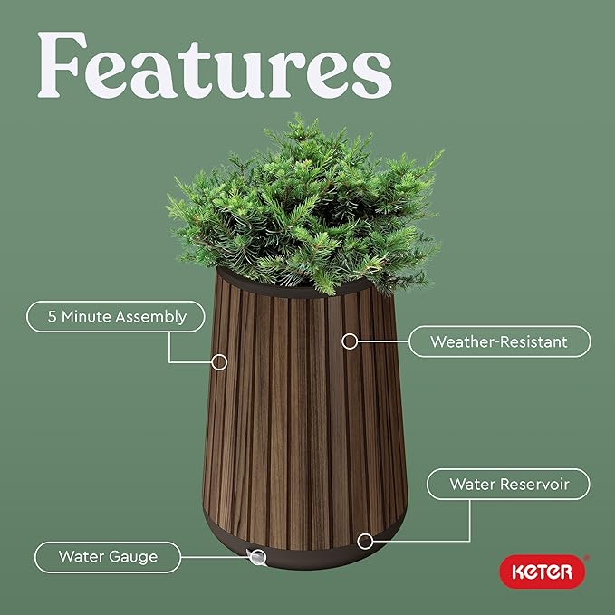 Keter Signature Conic 28.5 Inch Tall Round Large Wood Look Planter - Image 4
