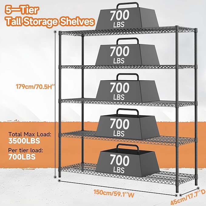 3500LBS 59" W 5 Tiers Storage Shelves, Metal Shelving Wire Metal Shelving Unit - Image 3