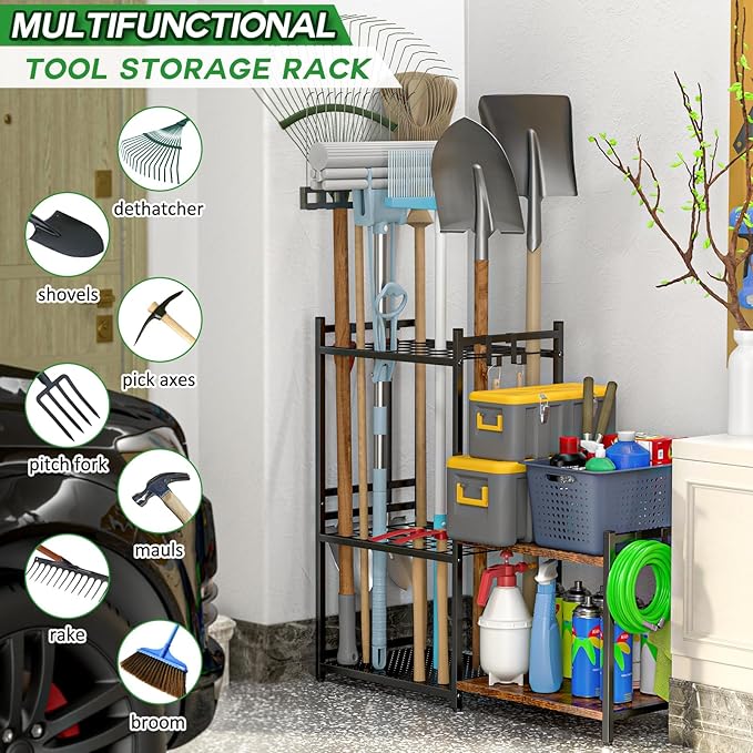 Garage Tool Organizer with 2-tier Wooden Shelves, Yard Tool Organizer - Image 2