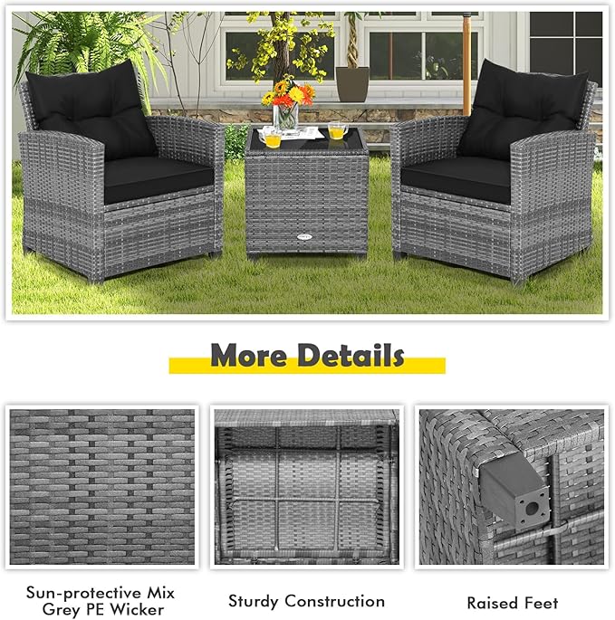 Tangkula 3 Pieces Patio Furniture Set, Outdoor PE Rattan Conversation Chair Set - Image 4