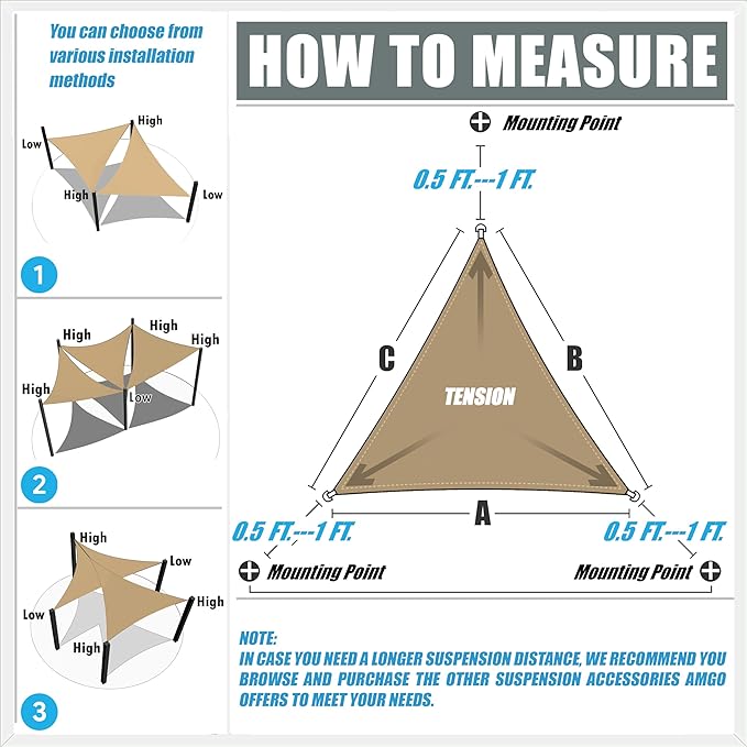 Amgo Custom Size 5' x 5' x 5' Gray Triangle Sun Shade Sail UPF50+ AGTAPRT12 - Image 2