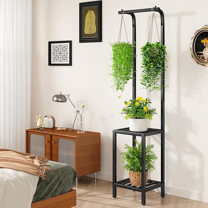 IBUYKE 67 Inch Tall Plant Stand Indoor Outdoor, 3 Tier Metal Hanging Plant Shelf - Image 4