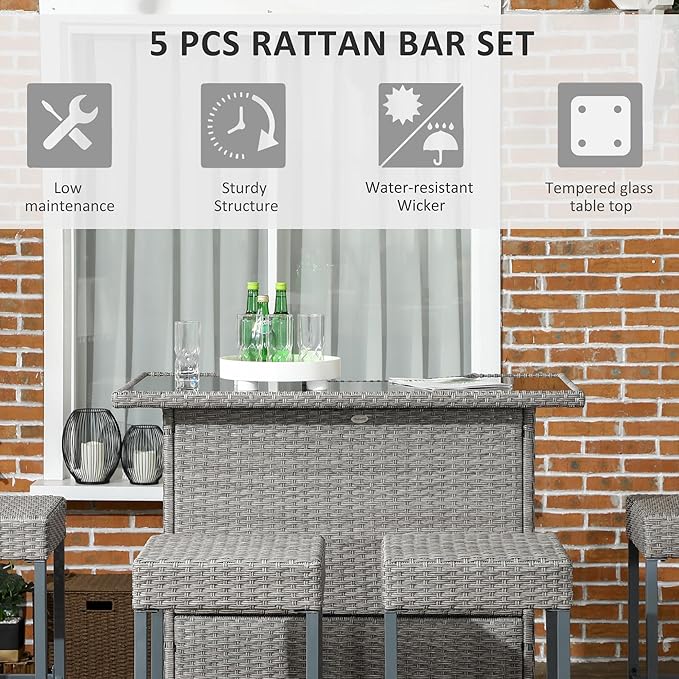 Outsunny 5 Piece Wicker Outdoor Bar Set, High Top Outdoor Table and Chairs - Image 3
