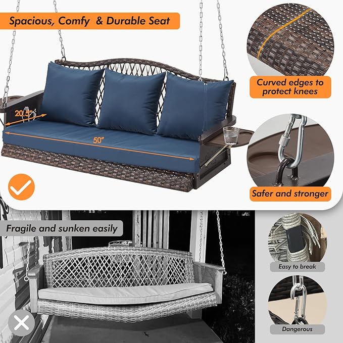 Upgraded Wicker Hanging Porch Swing Heavy Duty 900 LBS 3-Seat Outdoor Patio - Image 2