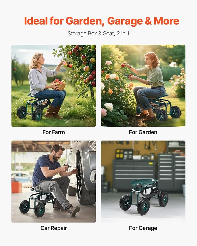 VEVOR Rolling Garden Cart with Swivel Seat, Heavy Duty Garden Seat with Storage - Image 6