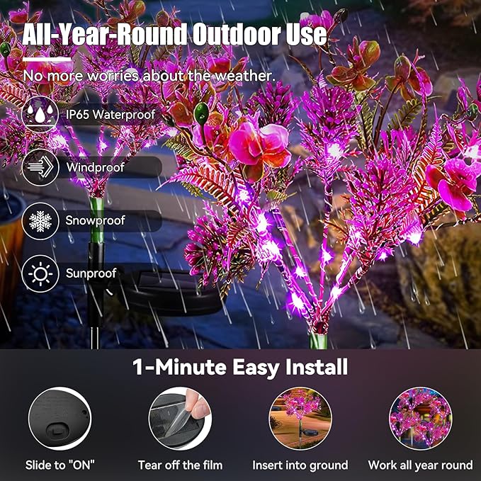 Neporal Solar Garden Lights, 4PK Purple Phalaenopsis Solar Flowers Outdoor - Image 3