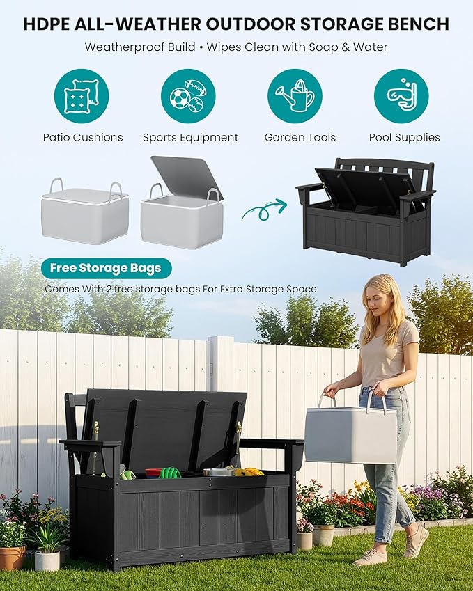 SERWALL HDPE Outdoor Storage Bench, All-Weather, UV-Resistant Deck Box - Image 8