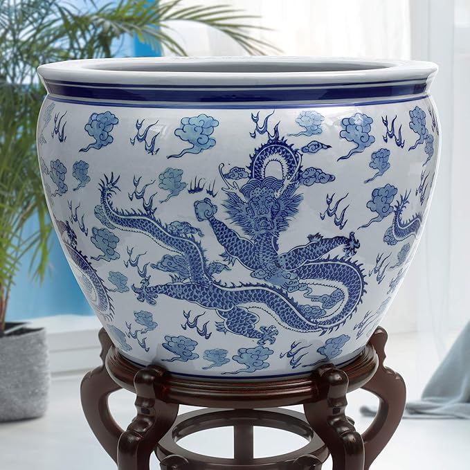 16" Dragon Blue & White Porcelain Fishbowl - Image 8