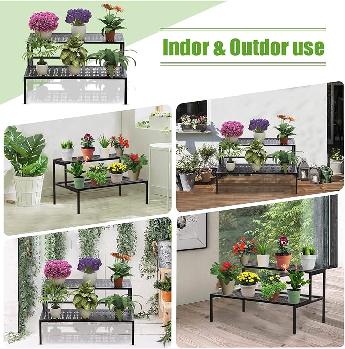 Metal Plant Stand Metal 2 Tier Potted Multiple Flower Pot Holder Plant Shelf - Image 3