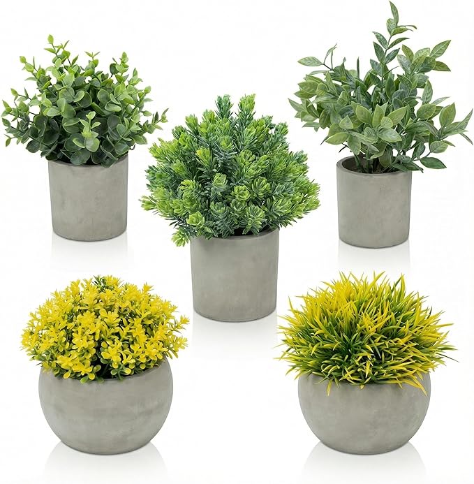 Fake Plants, 5 Pack Artificial Eucalyptus & Greenery in Cement Pots by Unknown