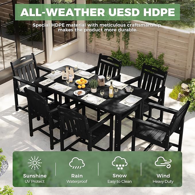 HDPE Outdoor Dining Set, Patio Table and Chairs Set, All-Weather 7-Piece - Image 3