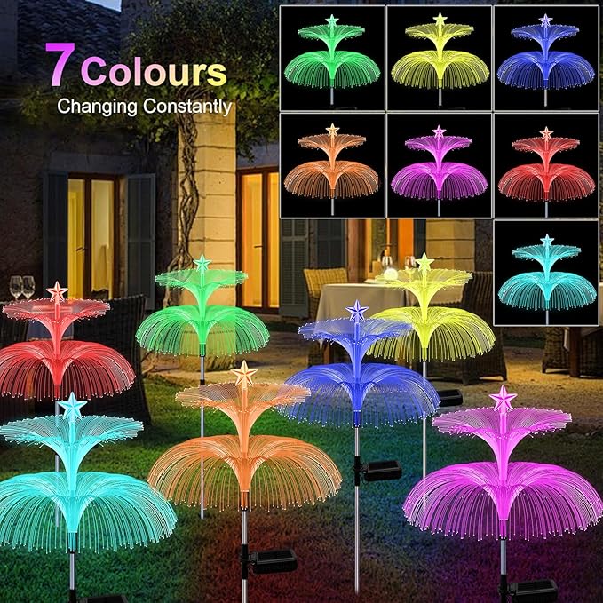 Solar Garden Lights, 6 Pack Solar Star Jellyfish Lights 7 Color Changing Fiber - Image 3