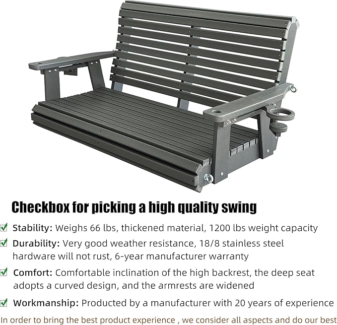 HDPE Porch Swing with 18/8 Stainless Steel Bolts, Ergonomic Design, Ultra - Image 3