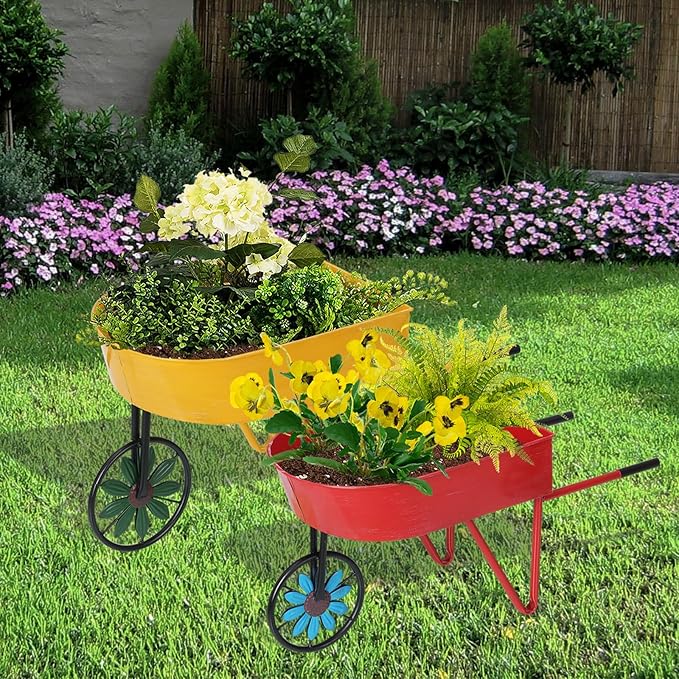 BAYN Metal Wheelbarrow Flower Cart Planter, 2 Packs Plant Stands - Image 6