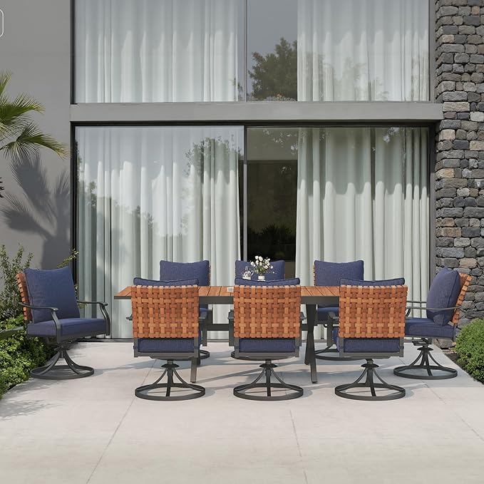 Grand patio 9-Piece Outdoor Dining Set, 8 Leather-Look Wicker Blue Swivel Patio - Image 2