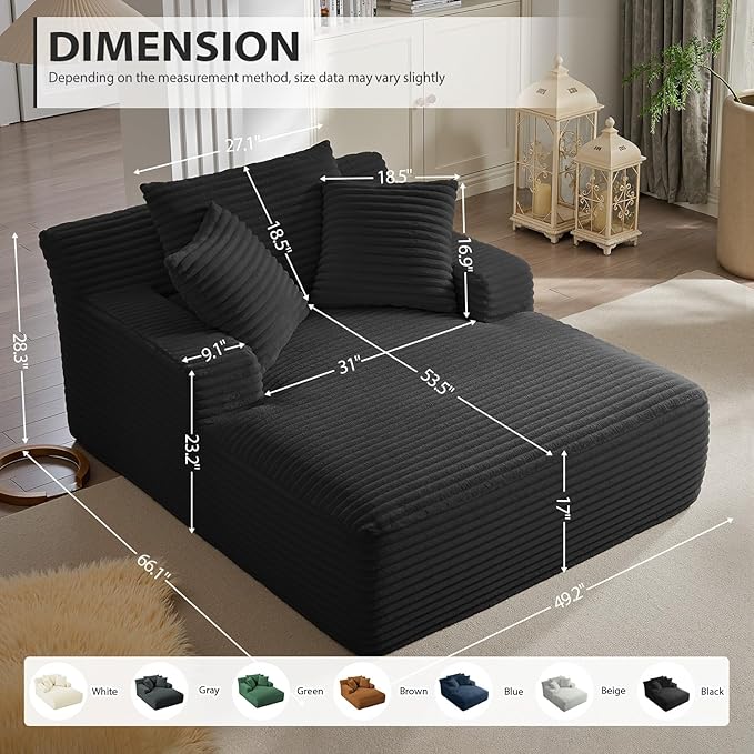 67 Inch Oversized Chaise Lounge Chair Indoor, Corduroy Upholstered Boneless - Image 2