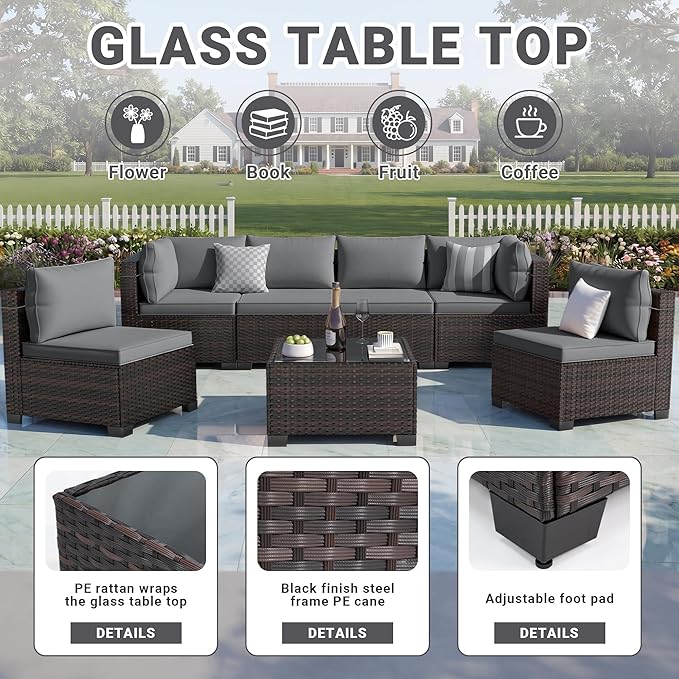 LEVELEVE 7 Pieces Outdoor Patio Furniture Sets, Rattan Conversation Sectional - Image 5
