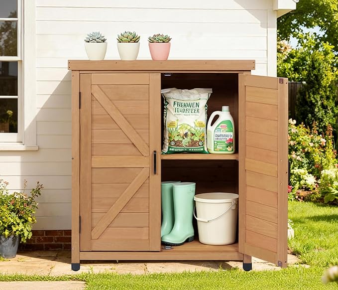 Outdoor Potting Bench with Storage Cabinet and Metal Top, Wood Workstation - Image 9