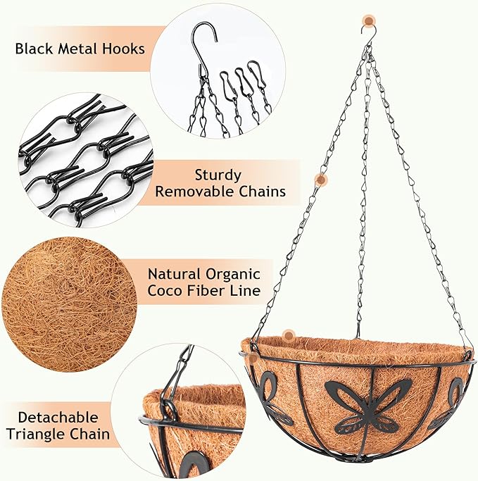 Hanging Baskets Planter for Plants, 2 Pack 14 Inch Round Metal Wire Hanging - Image 4
