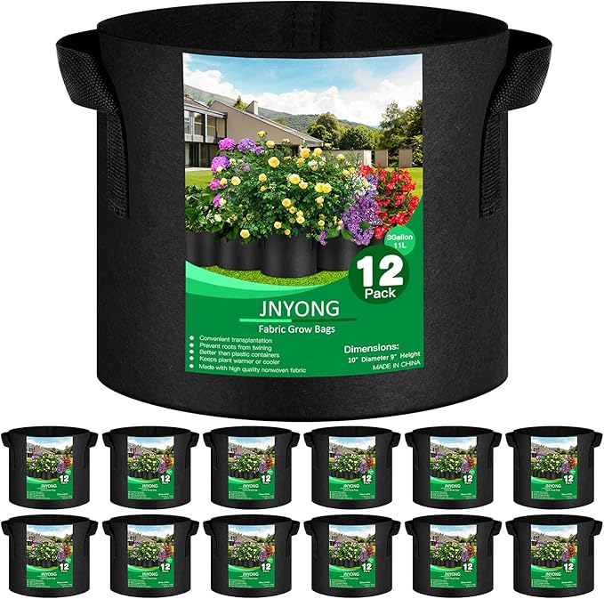 12-Pack 3 Gallon Thickened Non-Woven Grow Bags, Aeration Fabric Pots by JNYONG