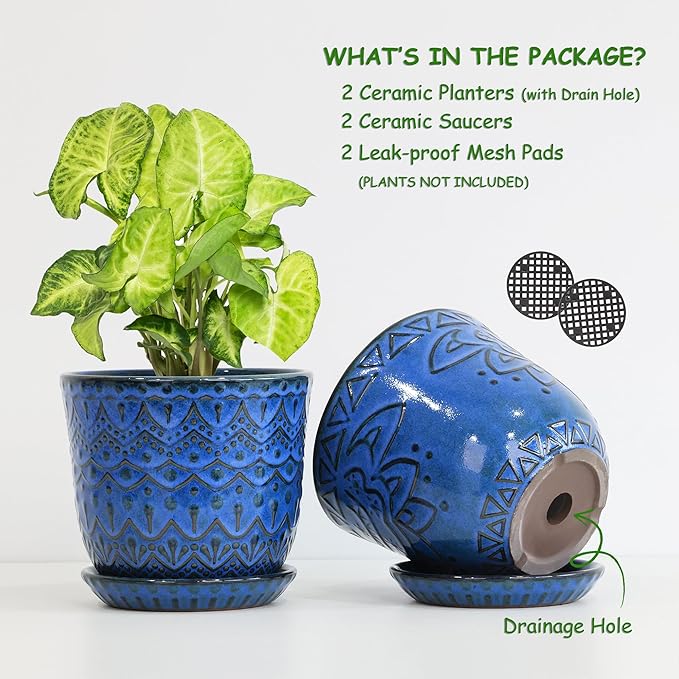 Gepege 6 Inch Blue Ceramic Planter, Plant Pot - Image 3
