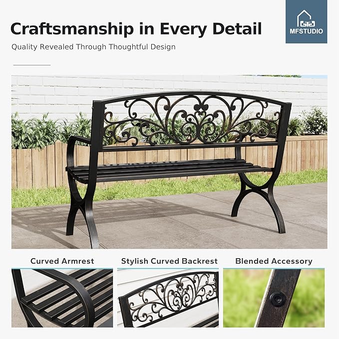 MFSTUDIO 50 Inches Outdoor Garden Bench, Cast Iron Metal Frame Patio Park Bench - Image 4