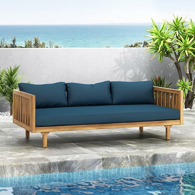 Merax Solid Acacia Wood Couch Chaise Lounge Chair Indoor, 3 Seater Daybed Sofa - Image 9