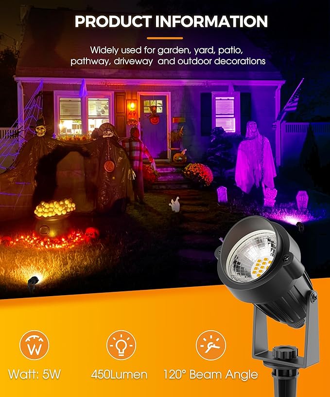 L LOHAS LED Halloween Orange and Purple Spotlights Outdoor, Auto On/Off 5W 120V - Image 5