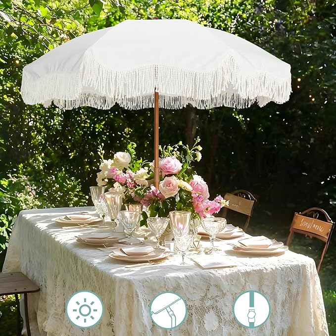 AMMSUN Boho Fringe Umbrella Outdoor Patio, 6.5ft UPF50+ Picnic Umbrella - Image 5