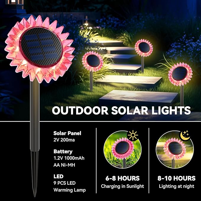 Outdoor Solar Lights, 6 Pack Led Solar Sunflower Lights, Stake/Wall 2-in-1 - Image 4