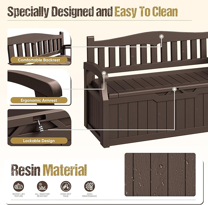 80-Gallon Outdoor Storage Bench, Waterproof Deck Box - Image 6