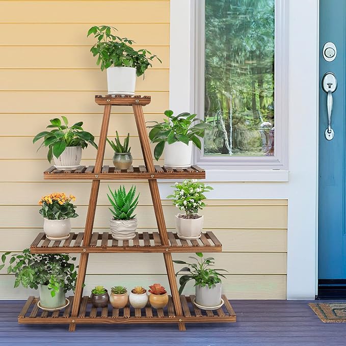 Ufine 4 Tier Wood Plant Stand Indoor Outdoor A Frame Plant Display Shelf - Image 2